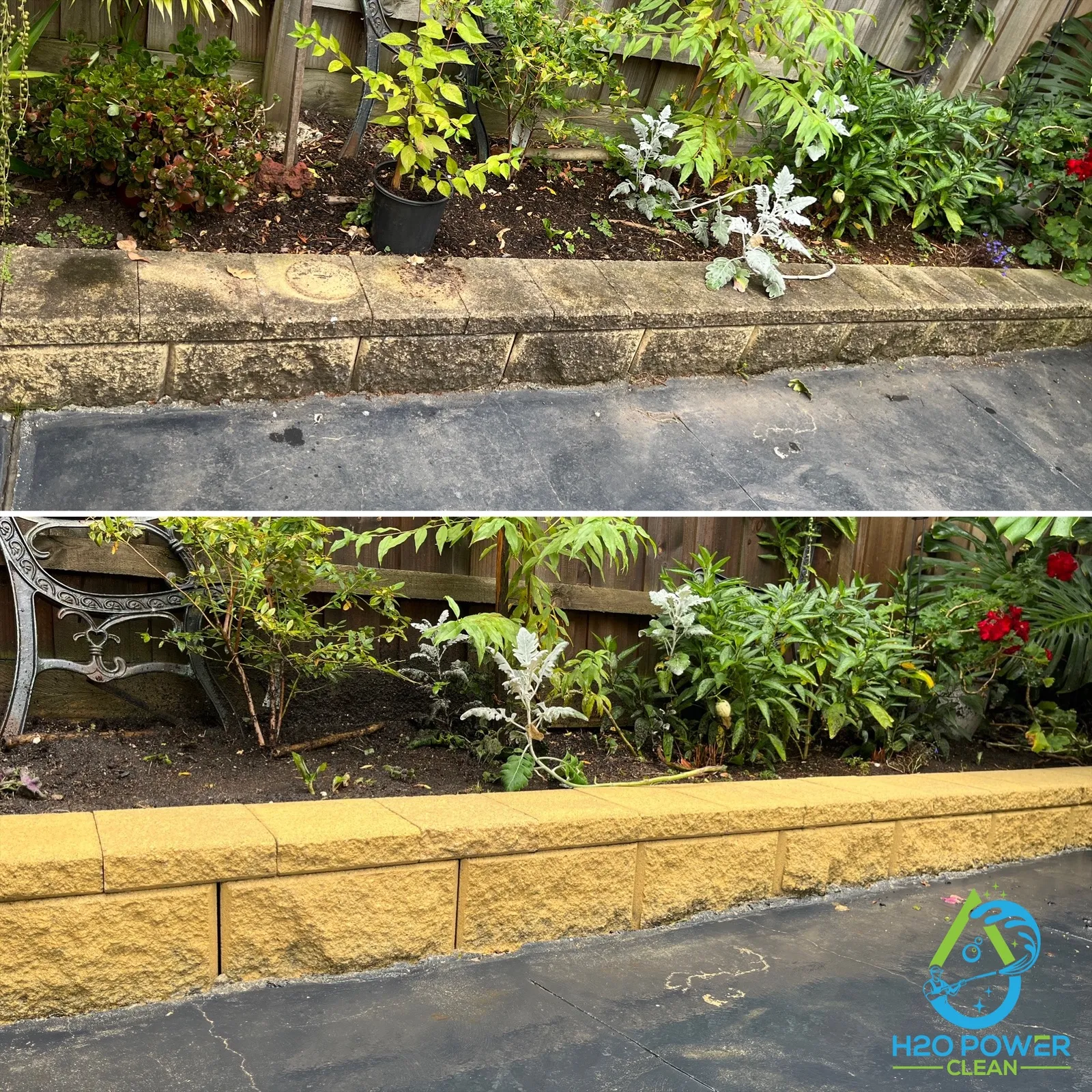 Retainer wall pressure washing before and after