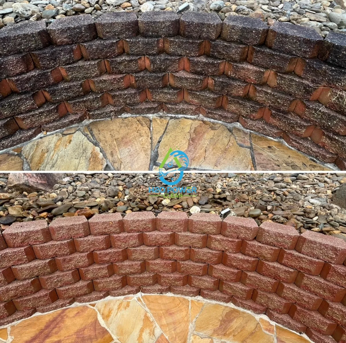 Retainer wall pressure washing before and after